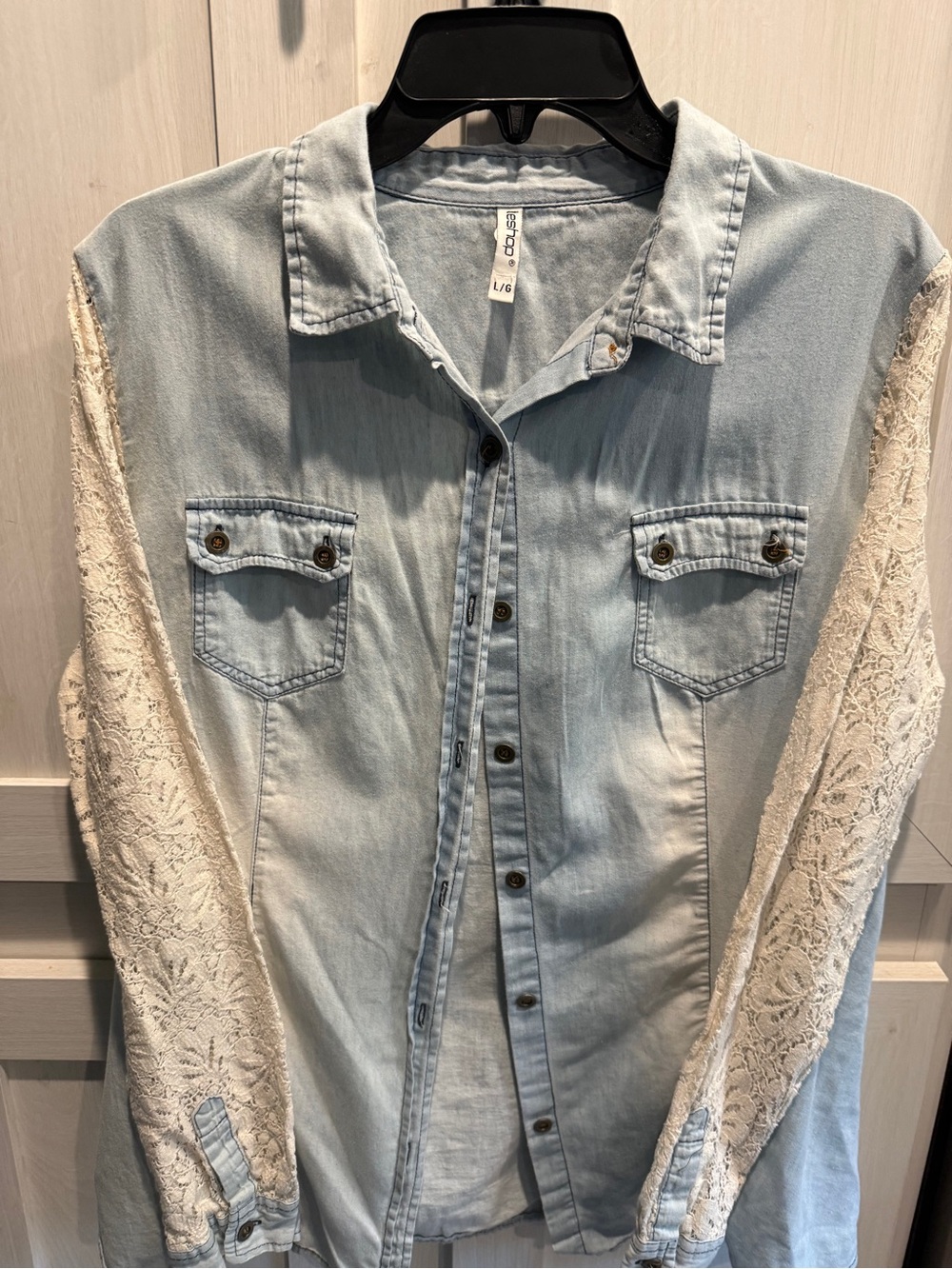 leshop Light Blue Denim Shirt with Cream Lace Sleeves